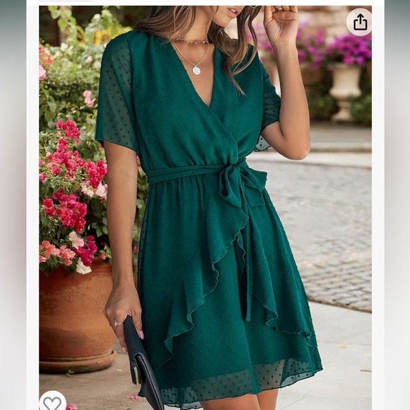 BTFBM Dresses & Skirts - BTFBM Women Elegant Faux Wrap V-Neck
High Waist Green Dress With Swiss Dot 2XL